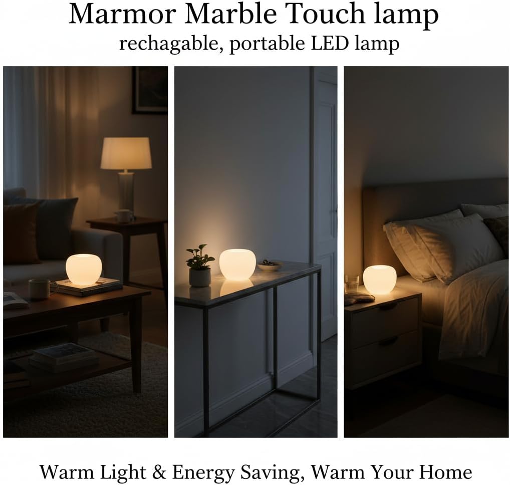 Marble Lamp Night Light Touch Bedside Table Lamp for Bedroom,Type-C Rechargeable Small Desk Bedside Small Lamps,Eye Caring Dimmable LED Ambient lamp (Mid Century Modern)