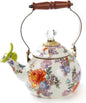 MACKENZIE-CHILDS Enamel Whistling Tea Kettle, Decorative Teapot, Pink-and-White Rosy Check