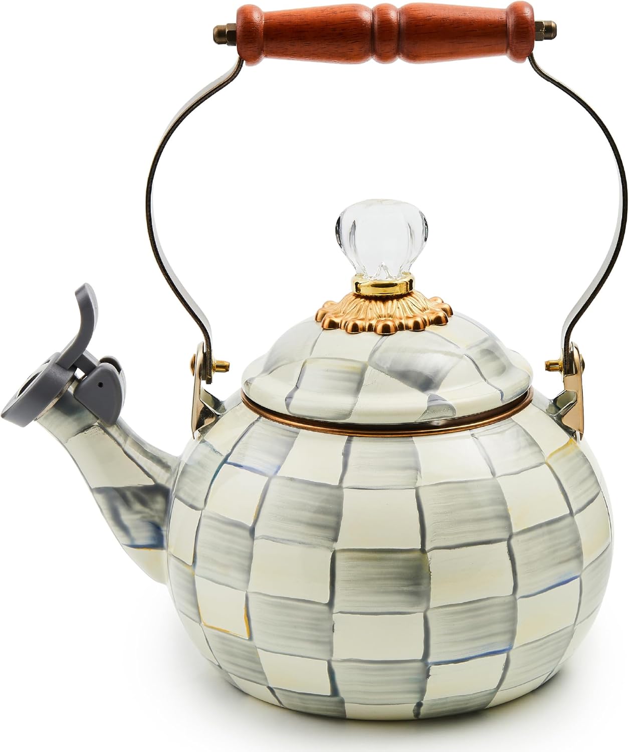 MACKENZIE-CHILDS Enamel Whistling Tea Kettle, Decorative Teapot, Pink-and-White Rosy Check