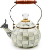 MACKENZIE-CHILDS Enamel Whistling Tea Kettle, Decorative Teapot, Pink-and-White Rosy Check