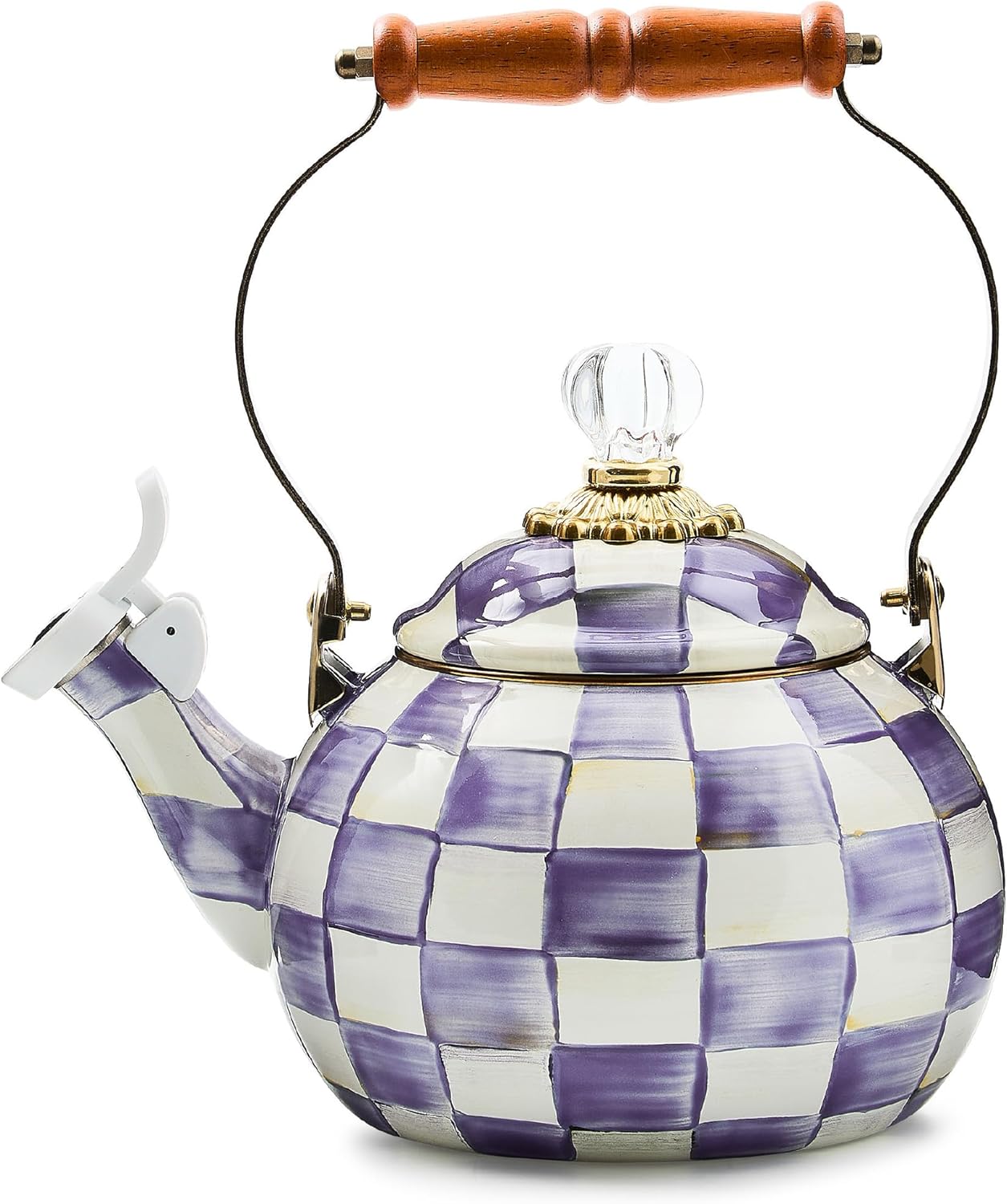 MACKENZIE-CHILDS Enamel Whistling Tea Kettle, Decorative Teapot, Pink-and-White Rosy Check
